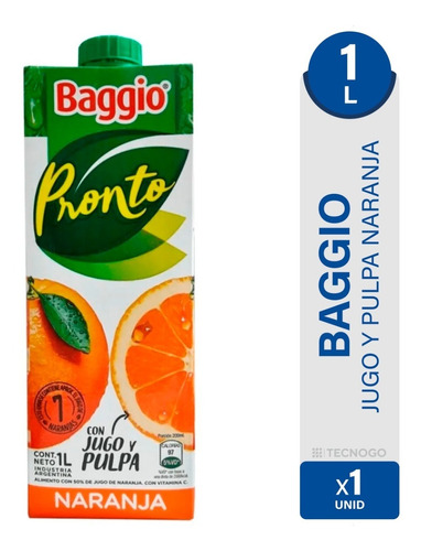 Imagen 1 de 6 de Jugo Baggio Sabor Naranja X 1 Litro Pronto Natural Bebida