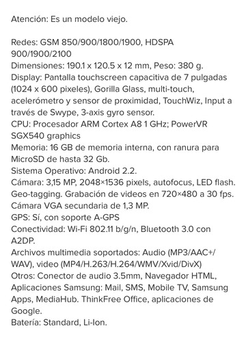 Tablet Samsung Galaxy Tab Gt-p1000l (impecable) C/cargador. Blanco (Usado)