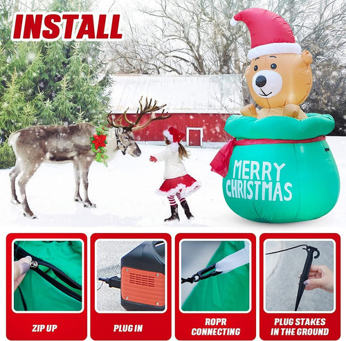 Bolsa Inflable De Oso Navideño De 1,5 Metros Con Luz Led