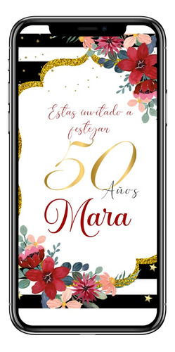 Invitacion Cumple 50 Años Video Flores Bordo Negro Y Dorado