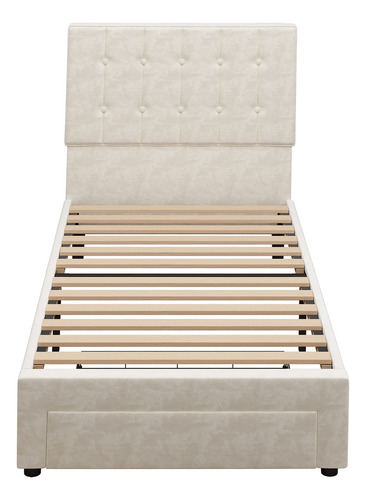 Base De Cama Individual Tapizada Beige Con Cajón Y Cabecero