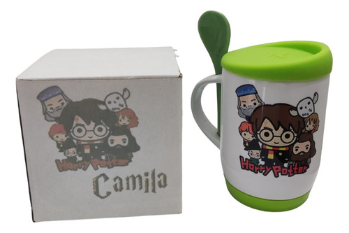 Mug Tapa Base Silicona Y Cuchara Harry Potter Personalizado