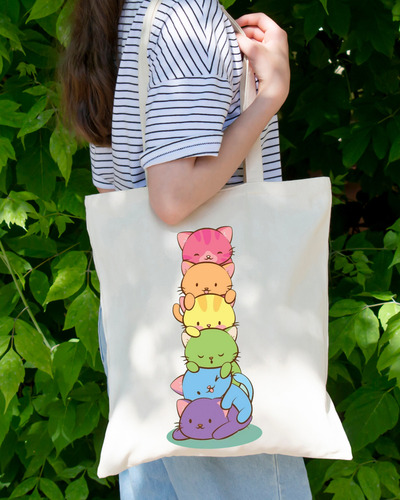 Tote Bag Tela Lienzo Estampado De Gatitos De Colores 40x35cm Beige Gatitos