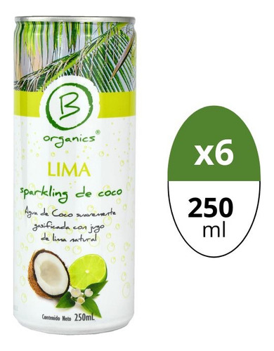 6 Pack Agua De Coco Con Gas 250ml Lima, Pomelo Y Arándanos