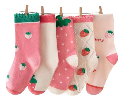 Set De 5 Pares Calcetines Para Niña Algodón Delgados Fresas