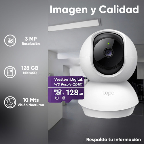 Tp-link Cámara De Seguridad Panorámica Tapo-c210-plus-128 Con Microsd 128gb 3mp Grabación De Vídeo 2k Visión Nocturna Detección De Movimiento Y Notificaciones Audio Bidireccional C210 Cctv