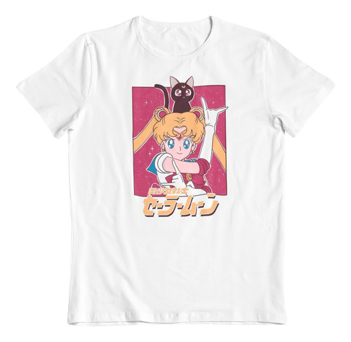 Polera Blanca Algodon Dtf Saylor Moon Gato Luna Anime Arte