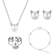 Comprar Juego Collar Aretes Pulsera Anillo Dije Gato De Plata Perlas