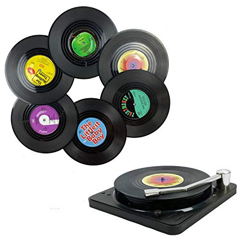 Music Coasters With Vinyl Record Player Holder Set Of 6...