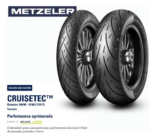 Pneu Dianteiro 100/90-19 Cruisetec (57h) Metzeler S/camara