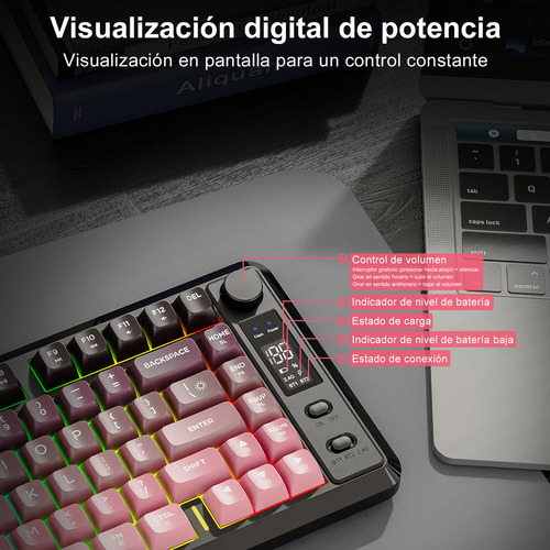Teclado Free Wolf M75 Rgb Inalámbrico Bluetooth Con Pantalla Rosa