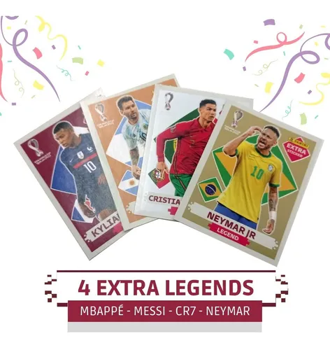 KIT 16 FIGURINHAS EXTRA LEGENDS/LENDÁRIAS NEYMAR,MESSI,MBAPPÉ,CR7