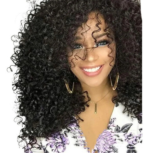 Peruca Afro Preta Natural Encaracolada Feminina 56cm Tonalidade Preto