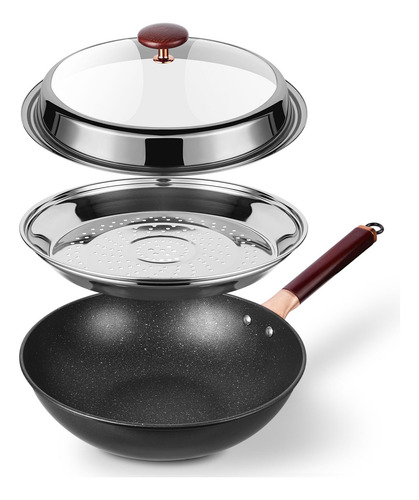 Wok Y Sartén Antiadherente Con Tapa De Vapor Grande Profundo