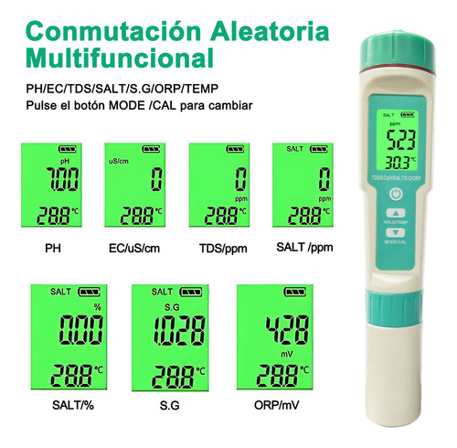 Medidor Ph/tds/ec/salinidad/orp/sg/temp Probador Agua 7 En 1 Bolígrafo de Prueba de Calidad del Agua Portátil de Alta Precisión de 0.01 EC Multifuncional para Hidroponía Piscina Color Verde