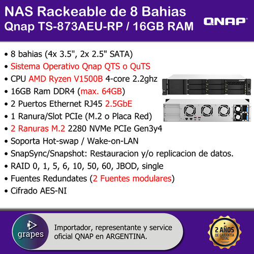 Nas 8 Bahias Rack Qnap Ts-873aeu 16gb Ddr4 Amd Ryzen 2fuente