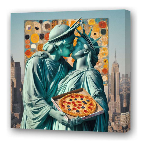 Cuadro 30x30cm Estatua Libertad Comiendo Pizza Amor