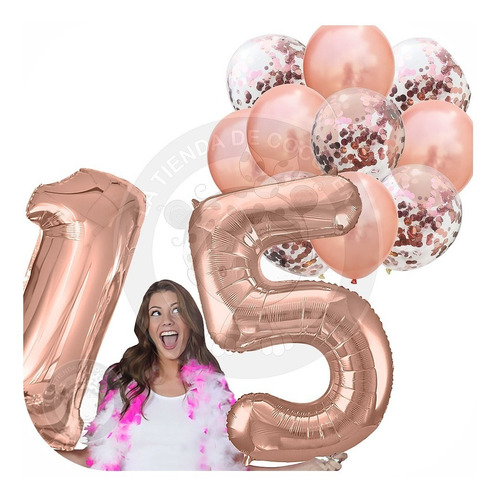 Numero 15 Rosa Gold 1 M + Set Globos Latex Confet Envio Grat