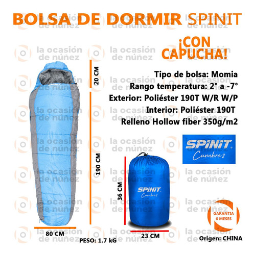 Imagen 2 de 7 de Bolsa De Dormir Spinit Momia Alta Densidad -7° Capucha