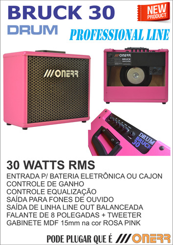 Caixa Amplificada Onerr Bruck30 Para Bateria Eletrônica e Cajon Cor Rosa Pink
