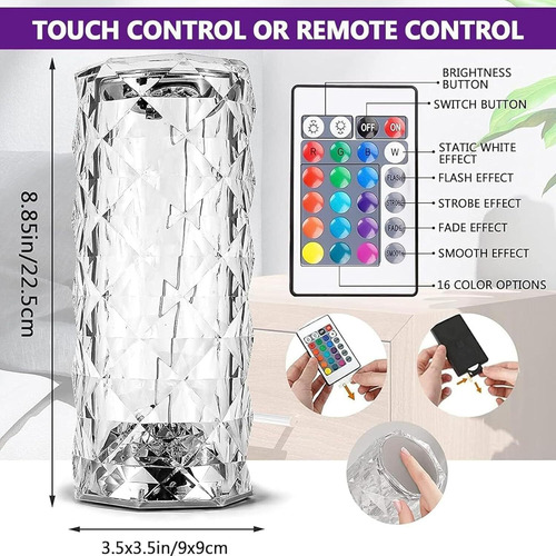 Lámpara De Mesa Cristal Diamante 16 Colore Táctil Recargable