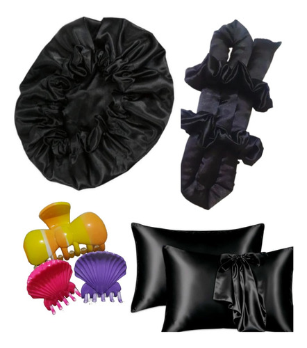 Set Ondas Sin Calor+broche+funda De Almohada+cofia Antifrizz Negro