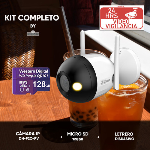 Kit videovigilancia Cronos Cámara Dahua Ip Bala F2C-PV 2MP Wifi Full Color Audio + Microsd 128gb + Accesorios - Kit De Cámara Inteligente DH-F2C-PV-128GB (Dahua Microsd WDD128G1P0C)