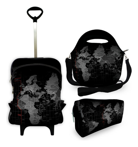 Kit Escolar Infantil Mochila + Lancheira + Estojo Mapa Preto