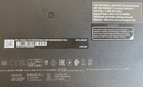 Laptop Msi Modern 15 H, Core I9, 32gb 1tb Ssd 15.6 Full Hd. Negro (Usado)