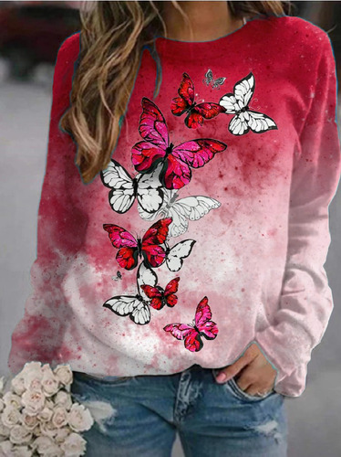 Sudadera De Manga Larga Con Cuello Redondo Y Mariposas Flora