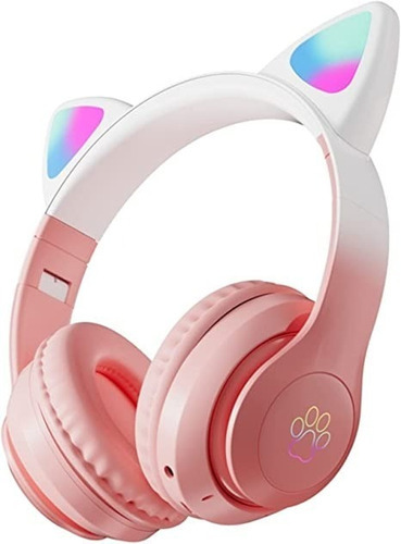 Audífonos Diadema Bluetooth Hifi Orejas De Gato Luz Led Color Rosa/Blanco