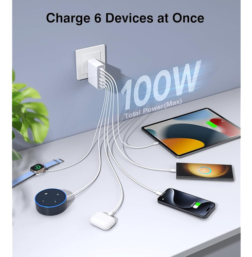 Bloque De Cargador De Pared Usb C, 100w Gan 6 Puertos Qc+pd3