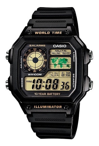 Reloj Casio Ae-1200wh-1b Wr 100m Agente Caba Malla Negro Bisel Negro Fondo Dorado