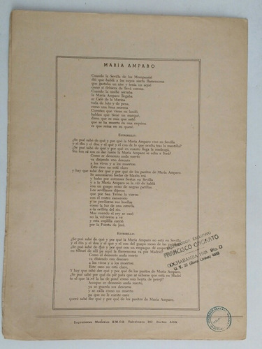 Antigua Partitura De María Amparo Pasacalle Canción 1951 (Usado)