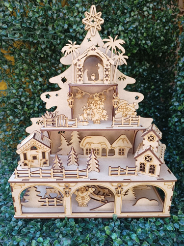 Villa Navideña 4 Niveles Nacimiento Santa Claus Madera Mdf