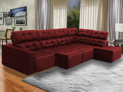 Sofá Chaise D Retrátil 373x220 Retrátil Suede Vermelho Bordô