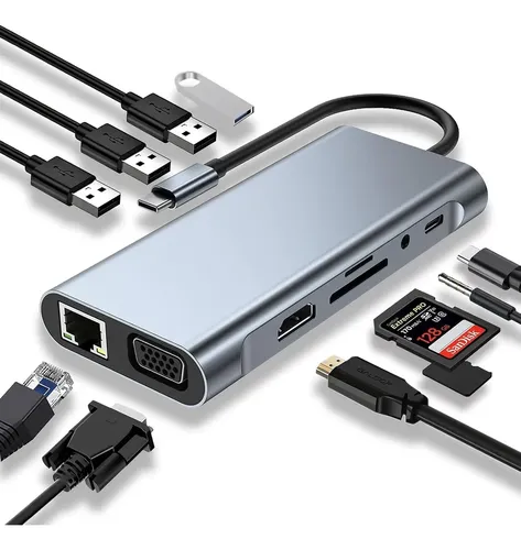 Hub USB Tipo C 11 en 1 para MacBook, iPad y Laptop con HDMI 4K, VGA y Ethernet