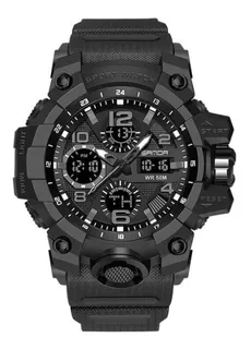 Relógio de pulso Sanda 6021 com corpo preto, analógico-digital, para masculino, fundo preto e cinza cor preto, agulhas cor cinza, preto e branco, subdials de cor cinza e branco, subesferas cor preto