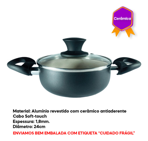 Panela Caçarola Revestimento Cerâmica Com Tampa 24 Cm Mônaco