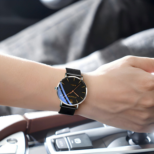 Reloj Hombre De Cuarzo Casual Simplicidad Negro Correa Malla