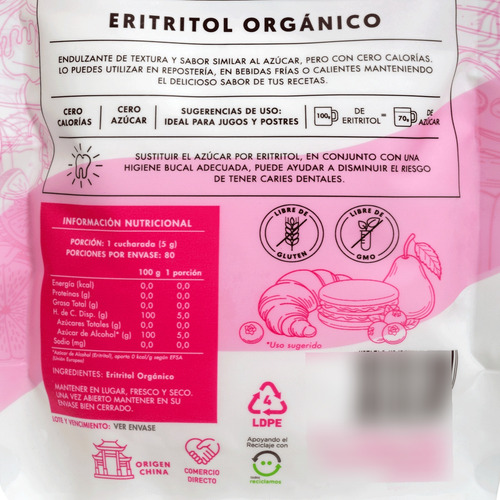 Eritritol Orgánico 100% Puro Manare 400 G Andina Grains