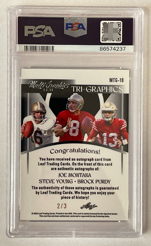 Autografo Brock Purdy Joe Montana Steve Young 2023 Leaf Psa (Usado)
