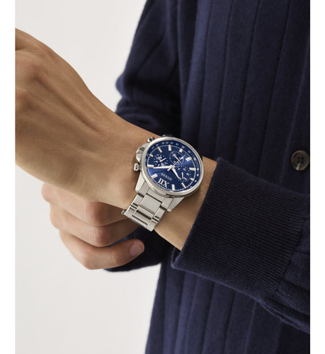 Reloj Guess Walker Caballero Plata Gw0900g4 Correa Plateado Bisel Plateado Fondo Azul