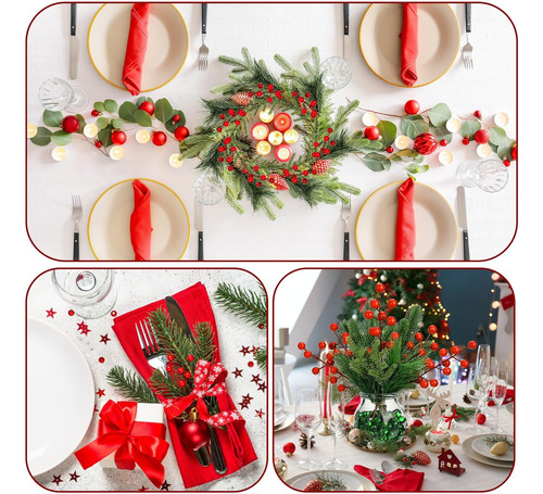 Agujas Navideñas Artificiales De Pino Rojo Con Bayas Rojas,