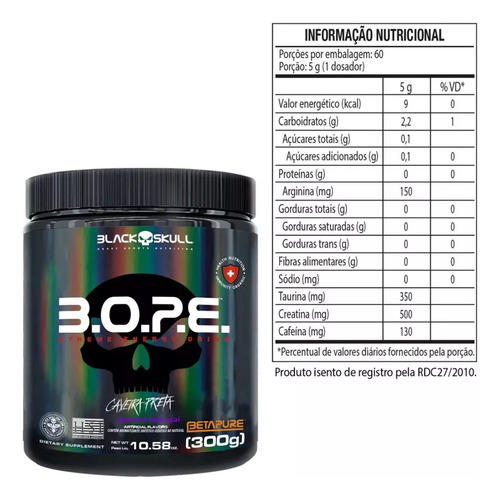 Pré Treino Bope 150g - Guaraná Com Açaí - Black Skull