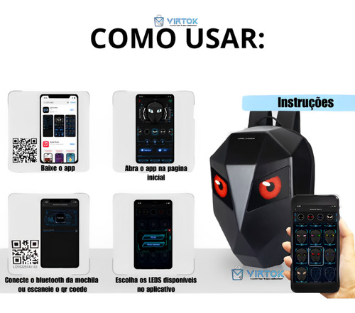 Mochila Com Bluetooth Olhos Led Inteligente Motoqueiro