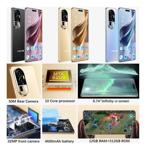 Dual Sim Android Vove Reno 10 Pro Desbloquea 512gb/12gb Ram 2025 Ultimas Ofertas Soporta 5g Wifi Android 13 Batería De Larga Duración Smartphone