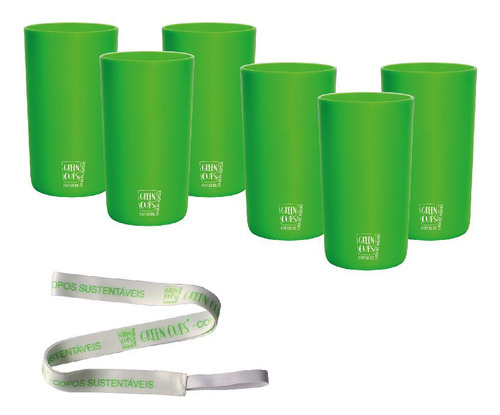 Kit 6 Copos Eco Verde Com Cordão Green Cups 280 Ml
