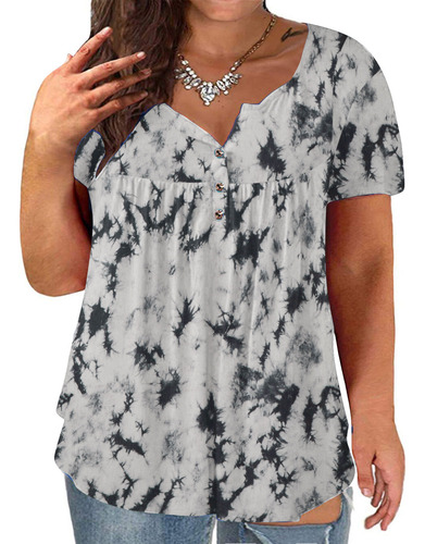 Top De Manga Corta Con Botones Y Estampado Tie-dye Con Cuell