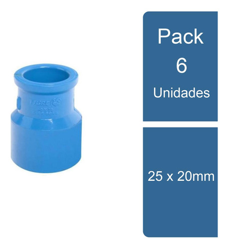 Pack 6 Buje Reducción Largo Pvc Hidráulico 25x20mm Pvc